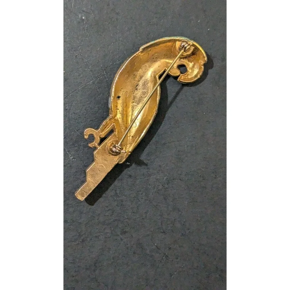 Vintage Parrot Bird Brooch Enamel Rhinestone Gold Tone Tropical‎ Animal Pin 2